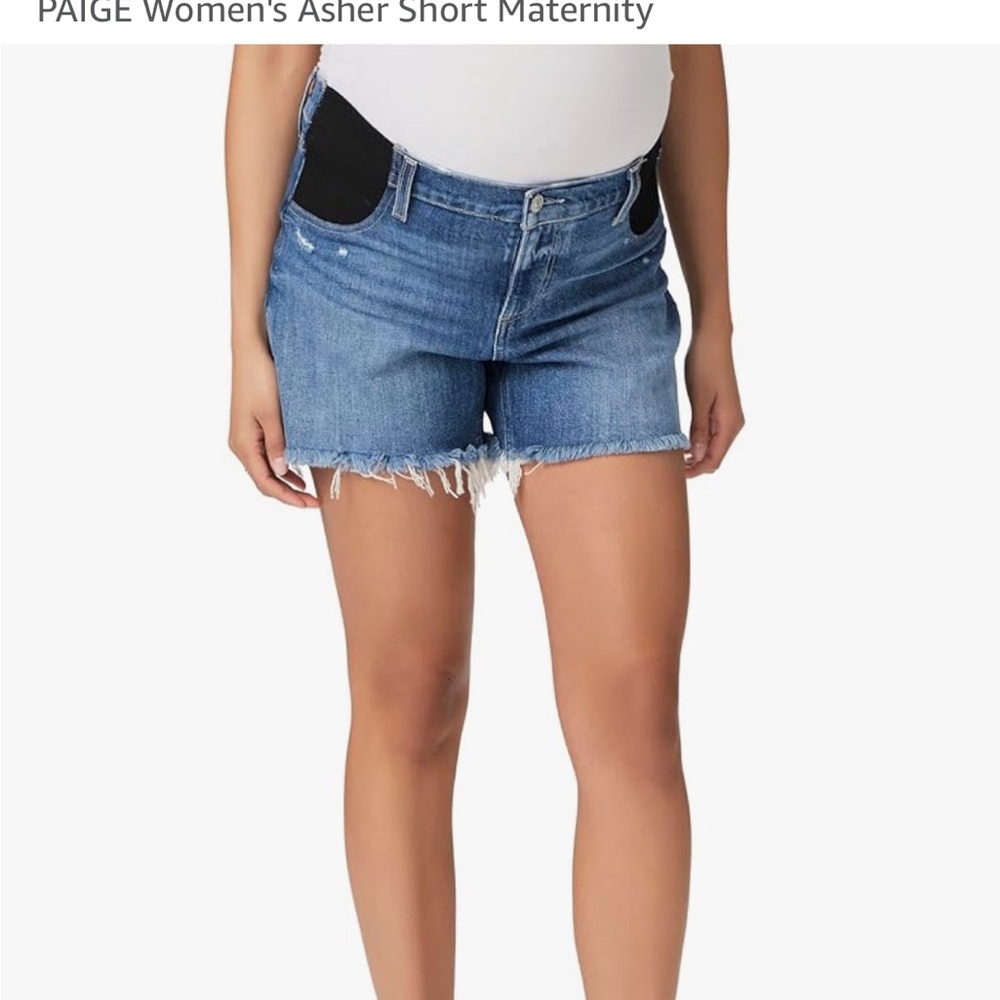 PAIGE Blue Jean maternity Shorts with Frayed Hem